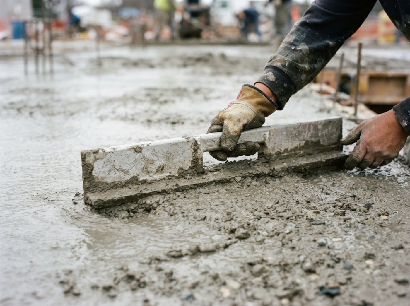 Concrete finisher smoothing a freshly poured slab