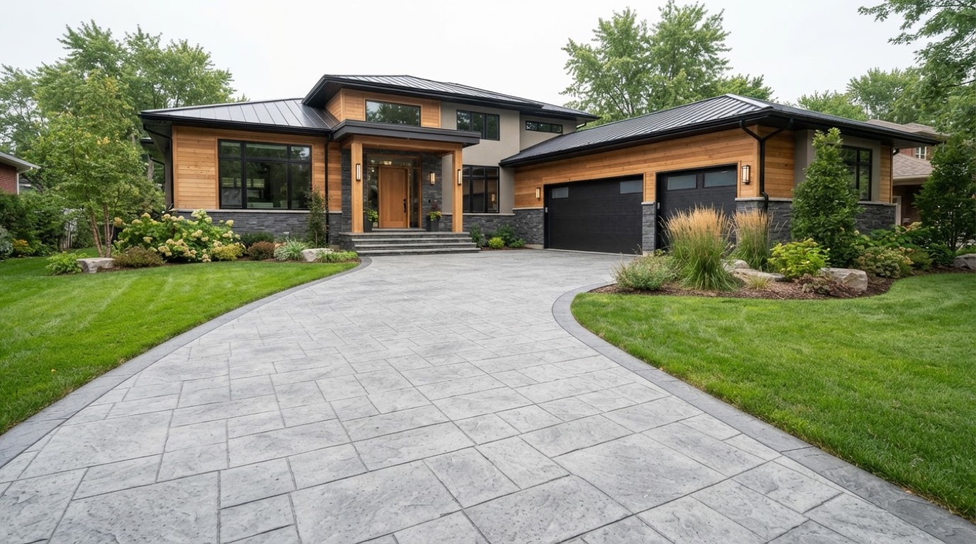 Stamped concrete driveway leading to a modern home